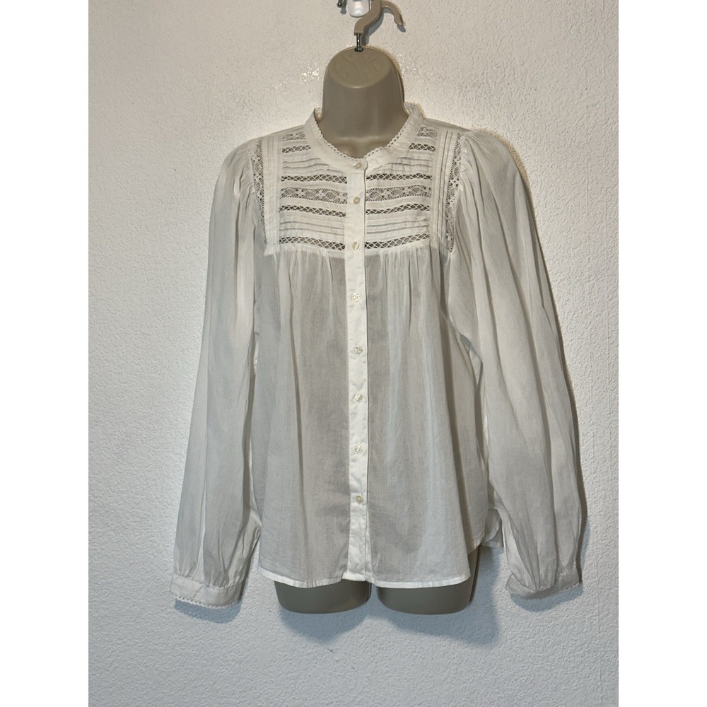 GAP Womens White Blouse Button Front Puff‎ Sleeve Crochet Yoke Victorian Style M